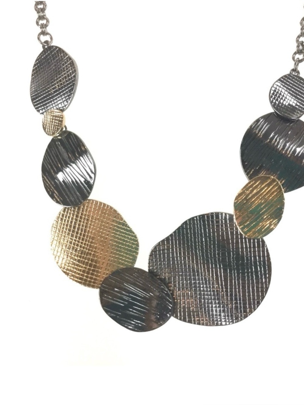 Gold and Gunmetal Textured Disc Statement Necklace
